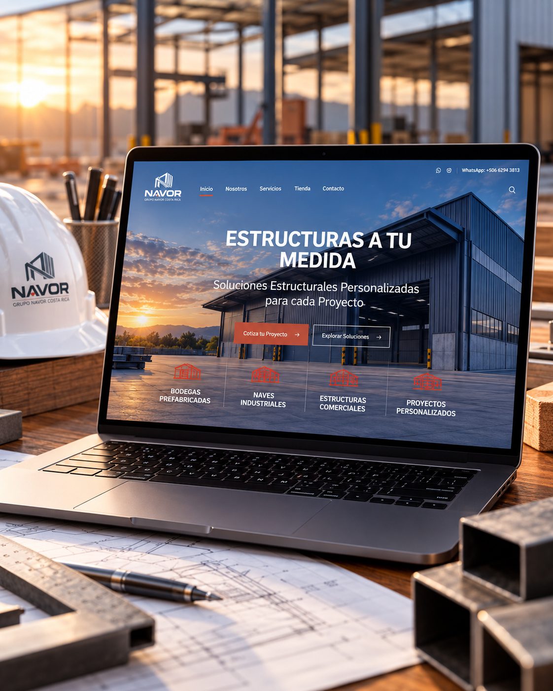 Sitio web de Grupo Navor Costa Rica mostrando bodegas prefabricadas, naves industriales y estructuras comerciales
