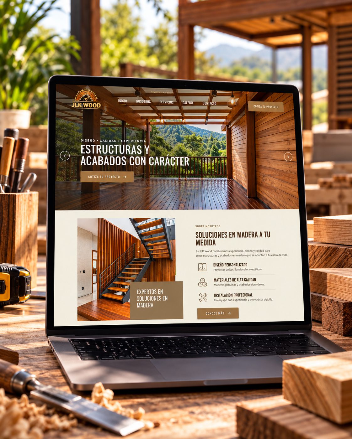 Sitio web de JLK Wood mostrando estructuras, acabados y soluciones personalizadas en madera en Costa Rica